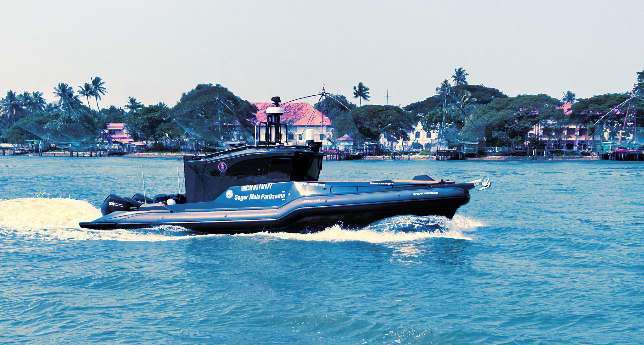 Matangi autonomous surface vessel (USV) by Sagar Defence Engineering underway on water during coastal autonomous operations